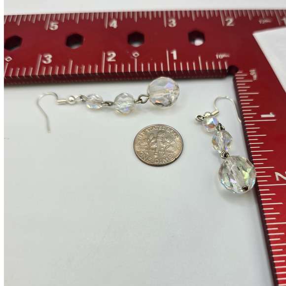 Pierced Earrings Aurora Borealis Crystal Dangle Silver Tone Glass Bead Drops - Picture 4 of 5